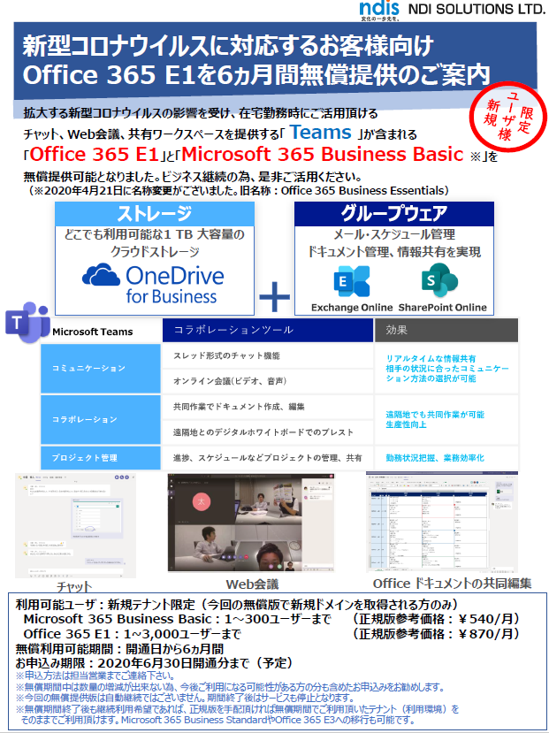 新型コロナウイルスに対応するお客様向け Office 365 E1を6ヵ月間無償提供チラシ